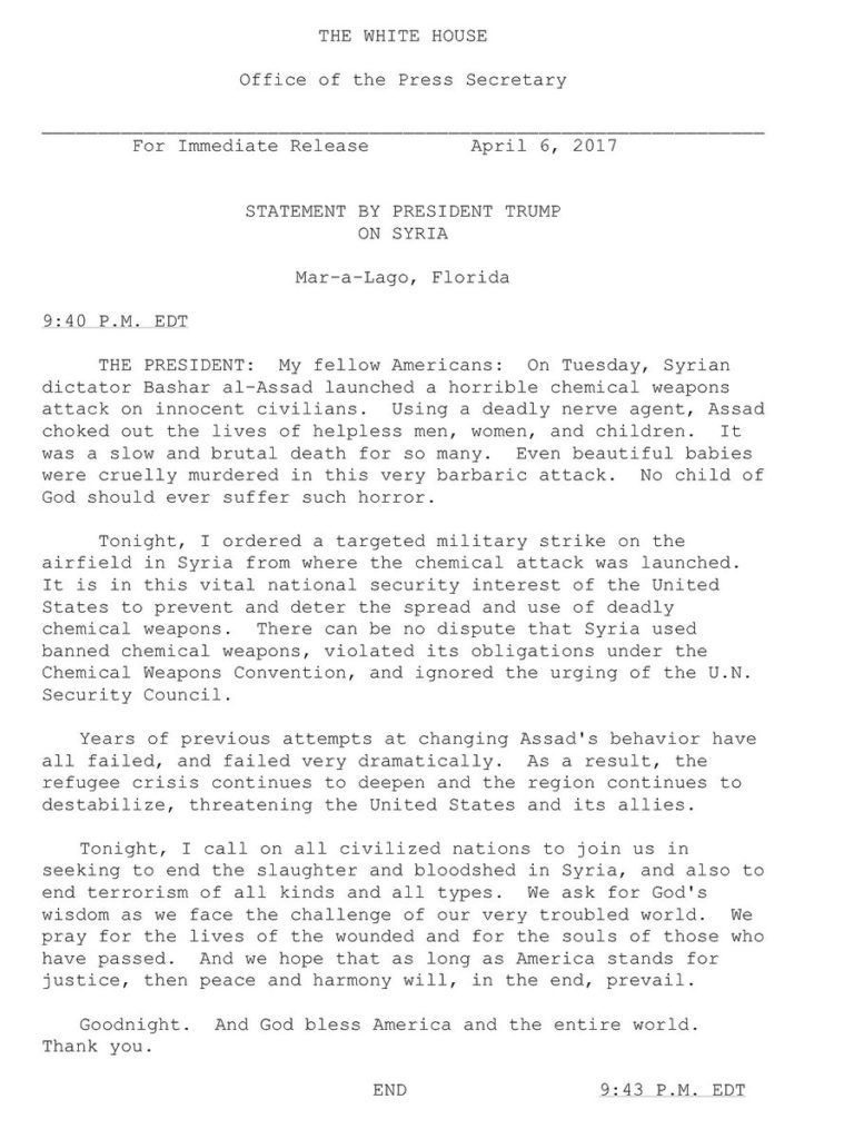 "Ningún hijo de Dios debe sufrir el horror de lo que pasó en Siria": Trump - comunicado-1-777x1024