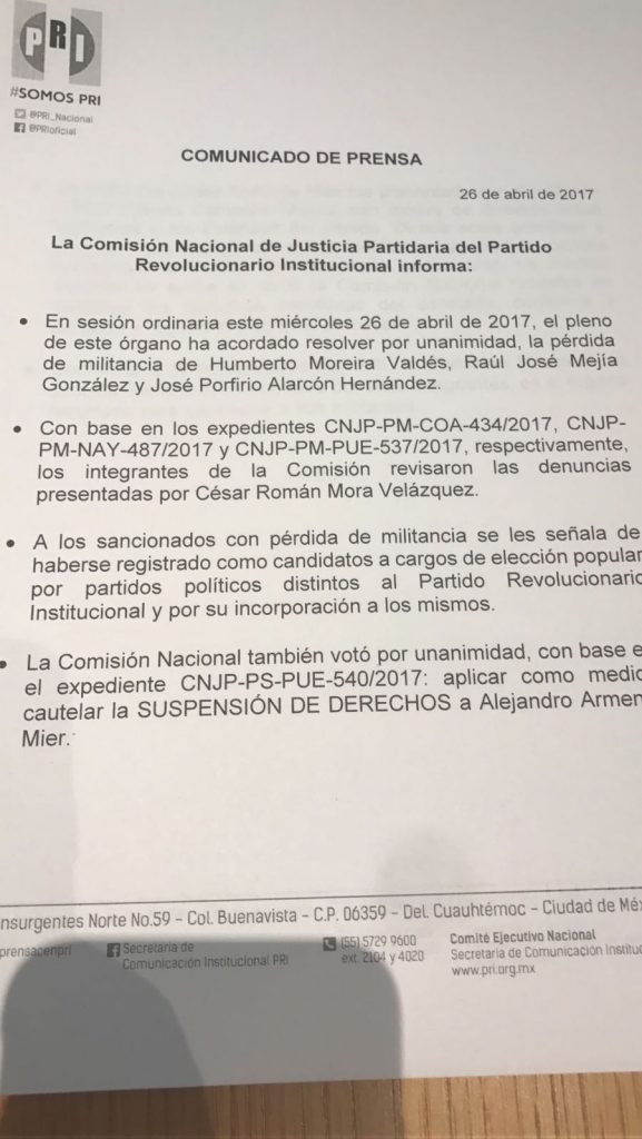 El PRI oficializa expulsión de Humberto Moreira - comunicado-577x1024