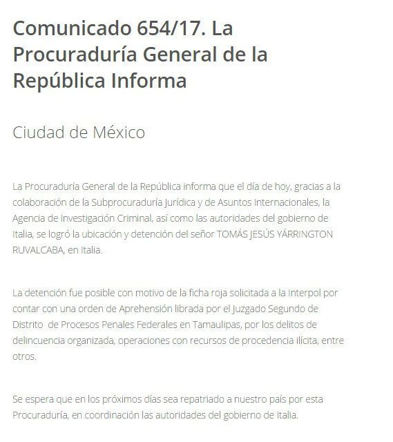 Detienen a Tomás Yarrington - comunicado-pgr-yarrington