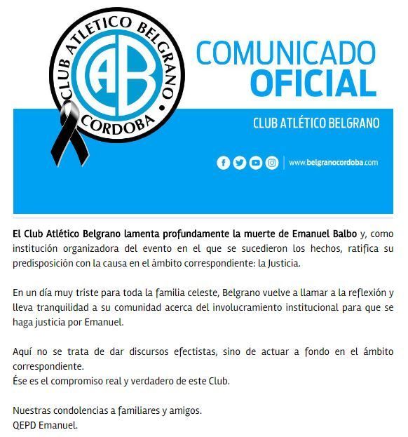 Muere hombre luego de ser arrojado desde las gradas - comunicado_oficial_belgrano