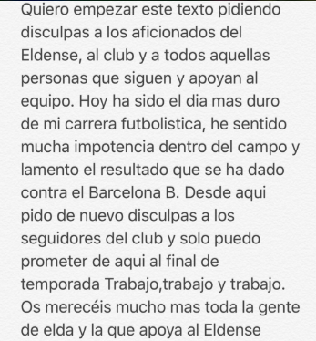 Emotiva carta de un jugador tras ser goleado por el Barcelona B - eldense