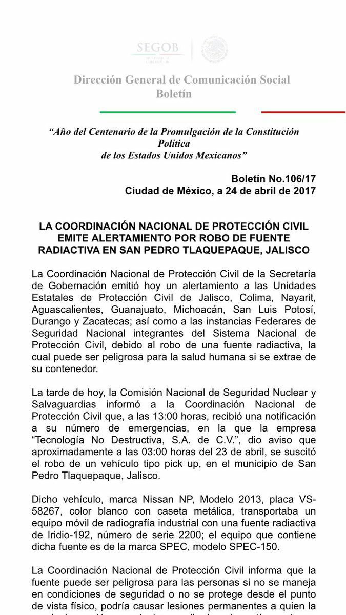 Desaparece fuente radiactiva en México - fuente-radiactiva