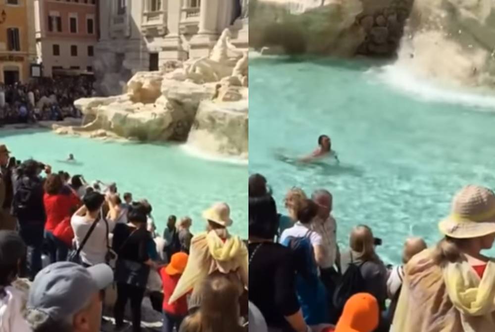 #Viral Hombre cruza desnudo nadando la Fontana di Trevi
