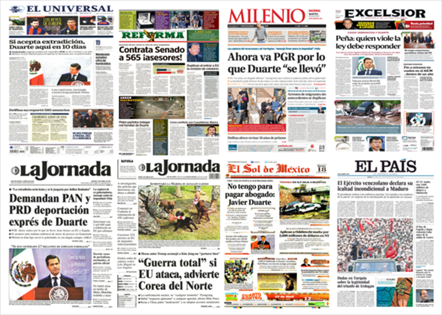 Javier Duarte y Mike Pence en primeras planas del martes