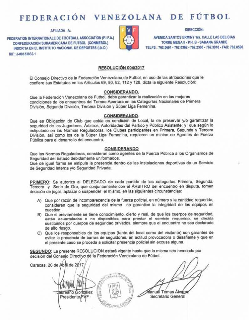 La seguridad condiciona continuidad del futbol en Venezuela - resolucion-fvf-0401-796x1024