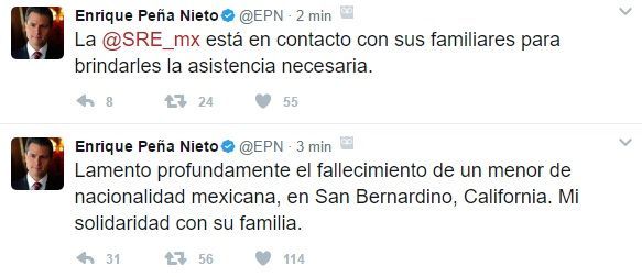 SRE confirma muerte de menor mexicano en tiroteo de San Bernardino - tuit-epn-bernardino