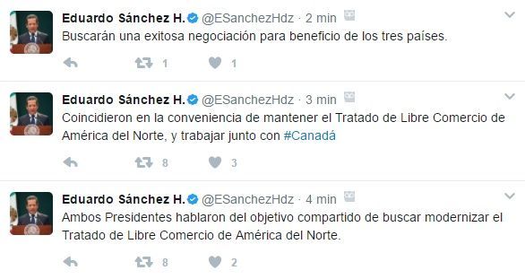 Trump conversa con EPN y Trudeau. Se renegociará el TLC - tuits-eduardo-sanchez