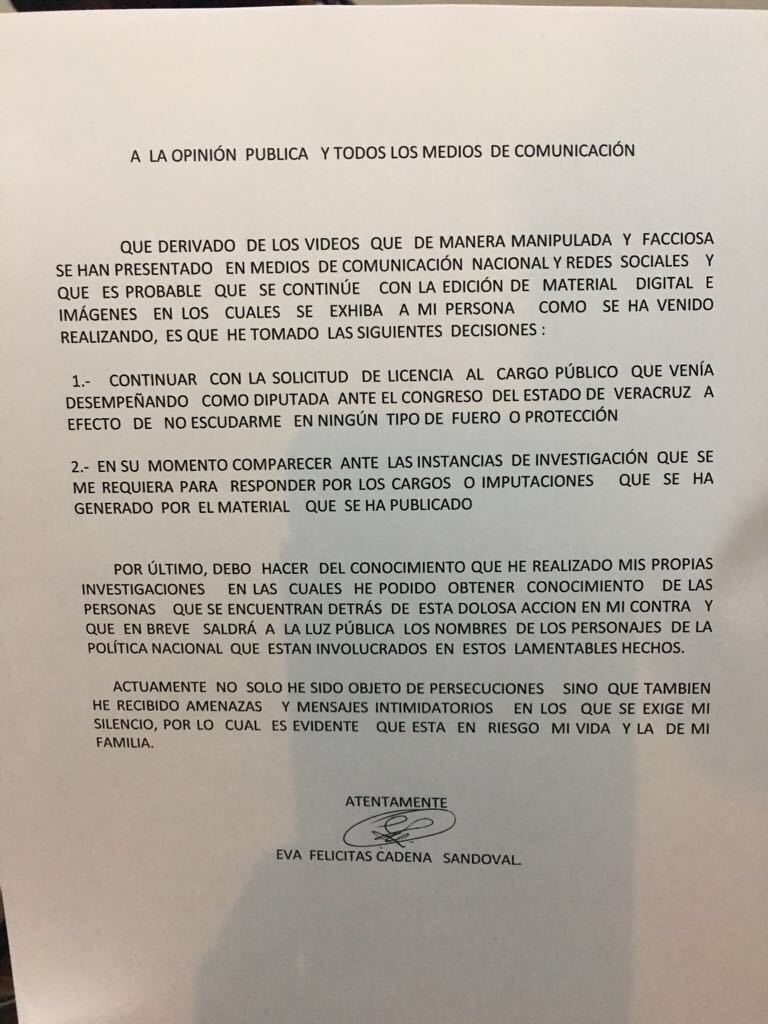 Eva Cadena vuelve a pedir licencia y anticipa más videos - EvaCadena-Carta-02Mayo2017-1