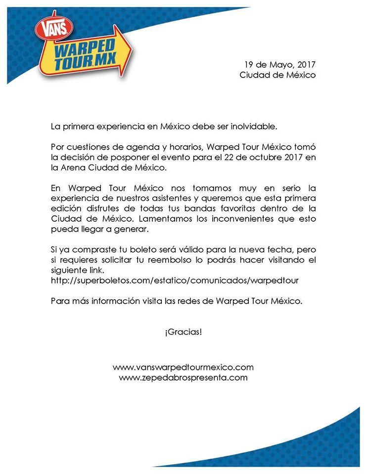 Warped Tour México cambia de fecha y recinto - Warped-Tour-México