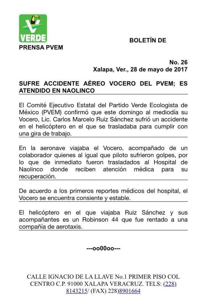 Helicóptero del vocero del PVEM de Veracruz se desploma - boletín-helicoptero-702x1024