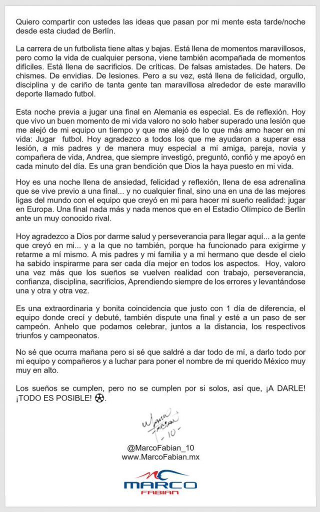 La emotiva carta de Marco Fabián previo a la final de Copa de Alemania - carta-marco-fabián-640x1024