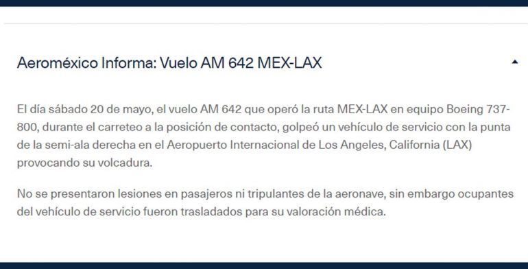 Dos heridos de gravedad tras accidente de avión de Aeroméxico - comunicado-1