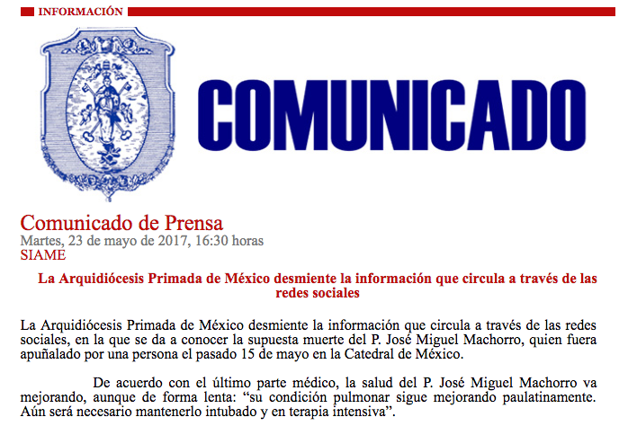 Desmienten muerte de párroco atacado en la Catedral Metropolitana - comunicado-1