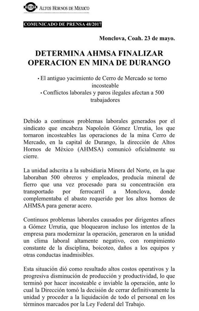 Anuncian cierre definitivo de mina en Durango - comunicado-2-657x1024