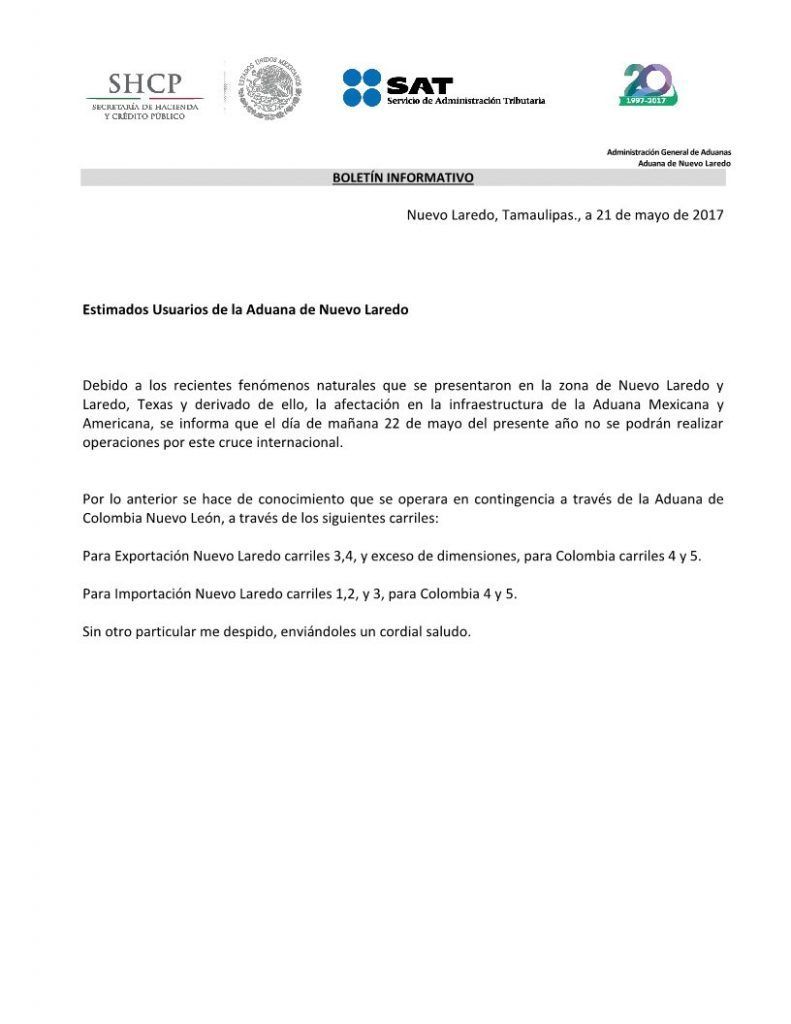 Tromba provoca daños en puente internacional de Nuevo Laredo - comunicado-tornado-791x1024