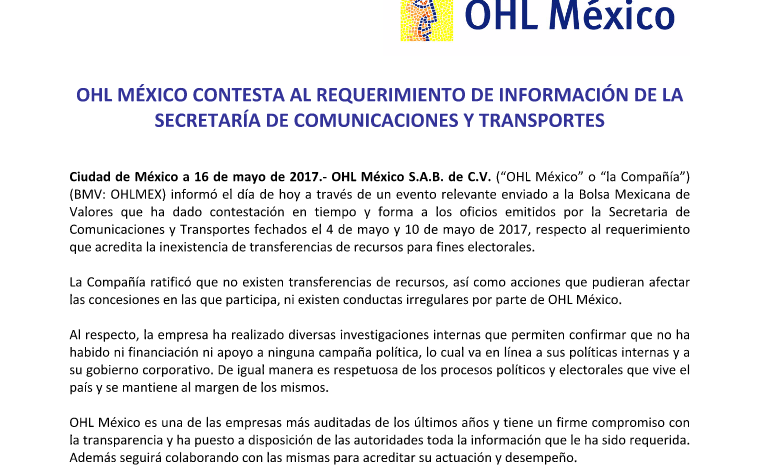 OHL niega haber financiado campañas políticas en el Estado de México - comunicado