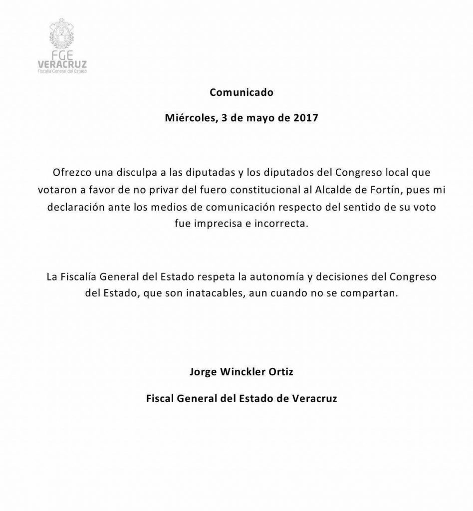 Fiscal de Veracruz ofrece disculpa a diputados locales por llamarlos corruptos - counicado-fiscal-948x1024