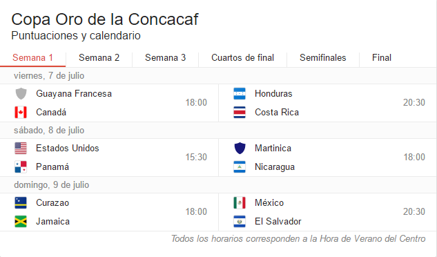 Horarios de la Copa Oro - horarios