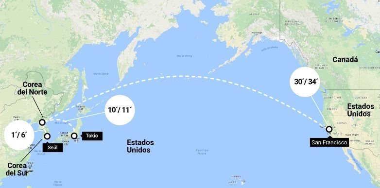 ¿Cuántos minutos tardaría un misil norcoreano en llegar a San Francisco? - mapa-misil-corea