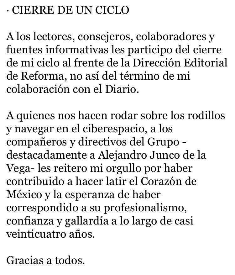 Renuncia director editorial del Reforma - reforma