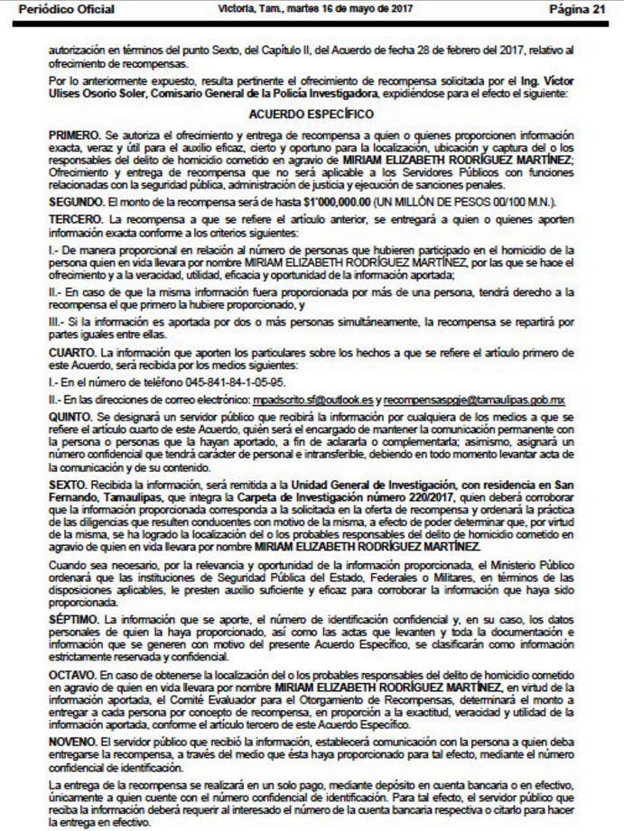 Recompensa de un mdp por asesinos de Miriam Rodríguez - tamaulipas