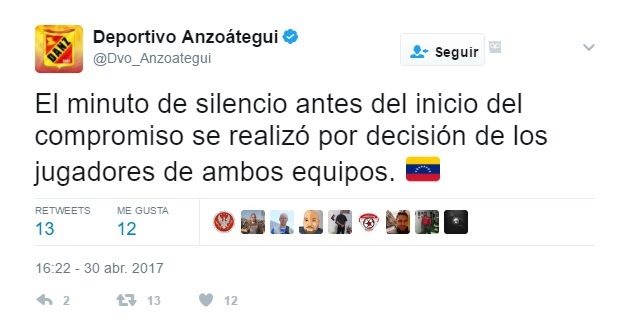 #Video Jugadores realizan minuto de silencio por muertos en las protestas - tuit-anzoategue