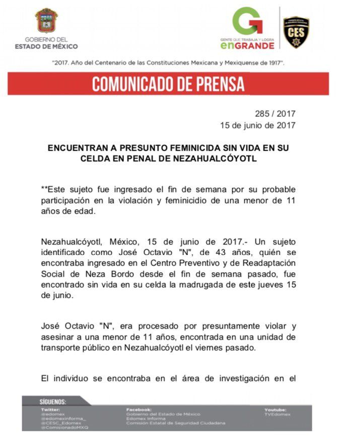 Encuentran muerto en su celda al presunto asesino de Valeria - comunicado-asesino-valeria