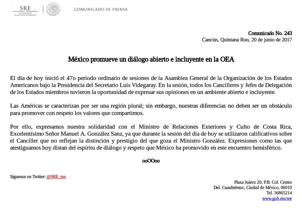 La SRE externa apoyo a canciller de Costa Rica ante Venezuela - comunicado-sre