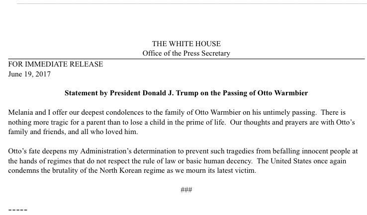 Casa Blanca lamenta muerte de estudiante encarcelado en Corea del Norte - otto-warmbier-comunicado-casa-blanca