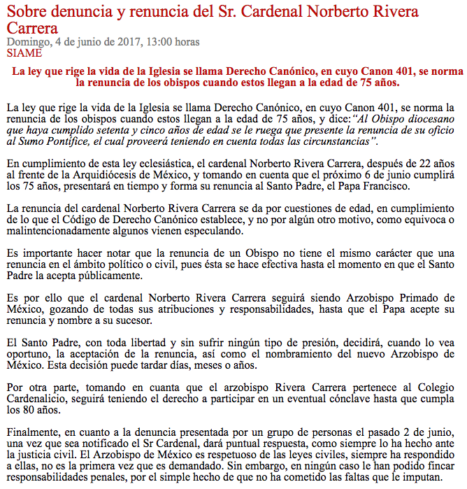 Norberto Rivera presenta su renuncia al papa Francisco - renuncia-norberto-rivera