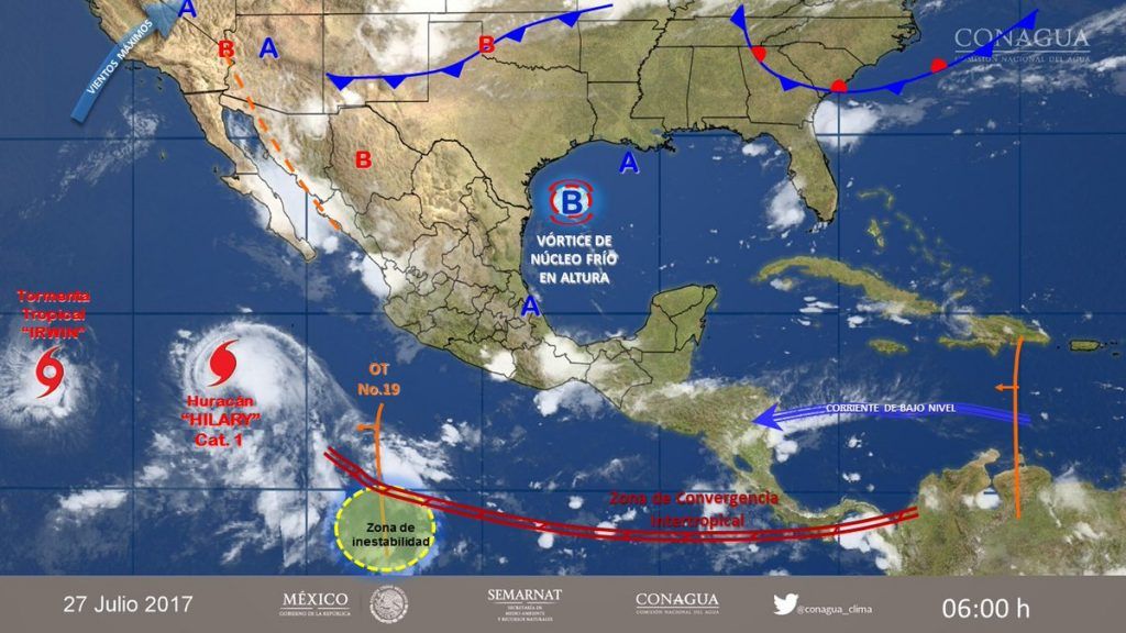 Hilary y canales de baja presión provocarán lluvias en gran parte del país - clima-27-jul-1024x576