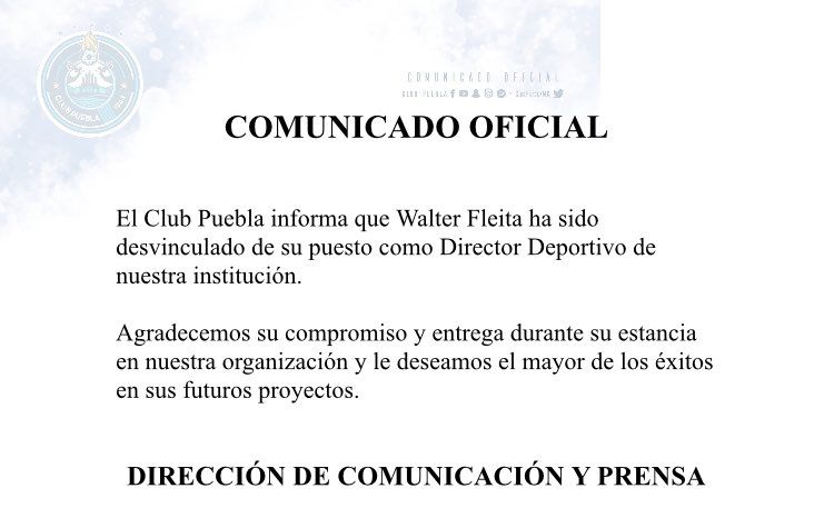 Walter Fleita deja de ser el director deportivo del Puebla - puebla