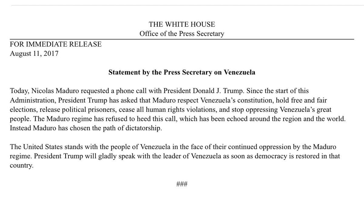 La Casa Blanca rechaza llamada de Nicolás Maduro - Comunicado-Casa-Blanco