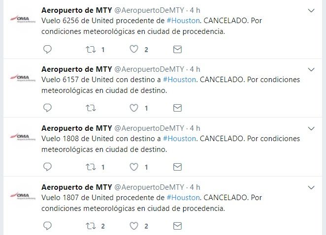 Aeropuerto de Monterrey cancela vuelos a Texas por huracán Harvey - Tuits-de-Aeropuerto-02