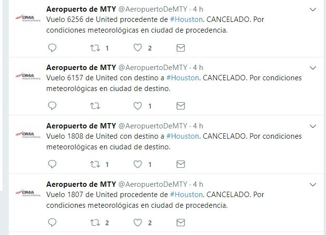 Aeropuerto de Monterrey cancela vuelos a Texas por huracán Harvey - Tuits-de-Aeropuerto