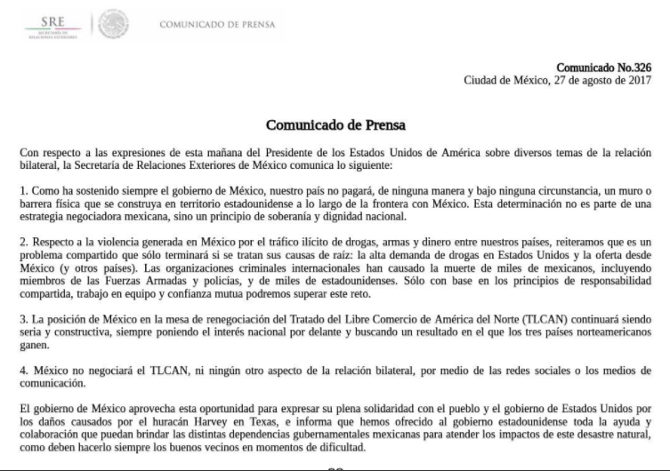 "De ninguna manera y bajo ninguna circunstancia México pagará el muro": SRE - comunicado-sre