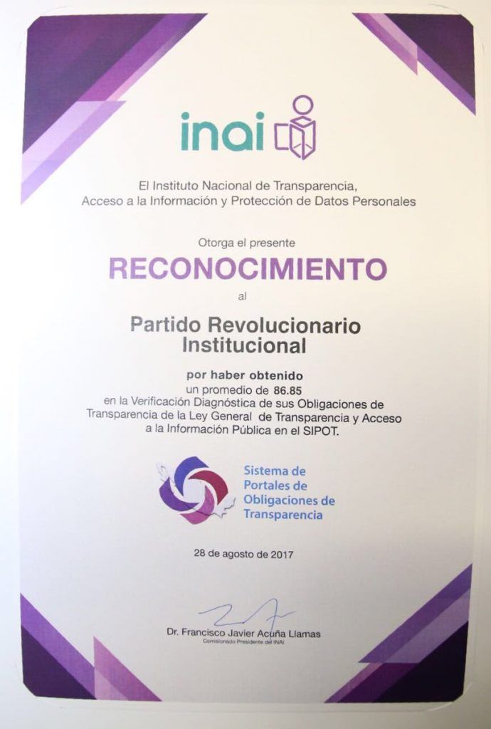 INAI reconoce al PRI como el partido más transparente de México - reconocimiento-pri-inai-690x1024