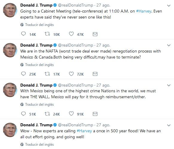 Trump elogia a su gobierno por respuesta ante Harvey - tuits-trump