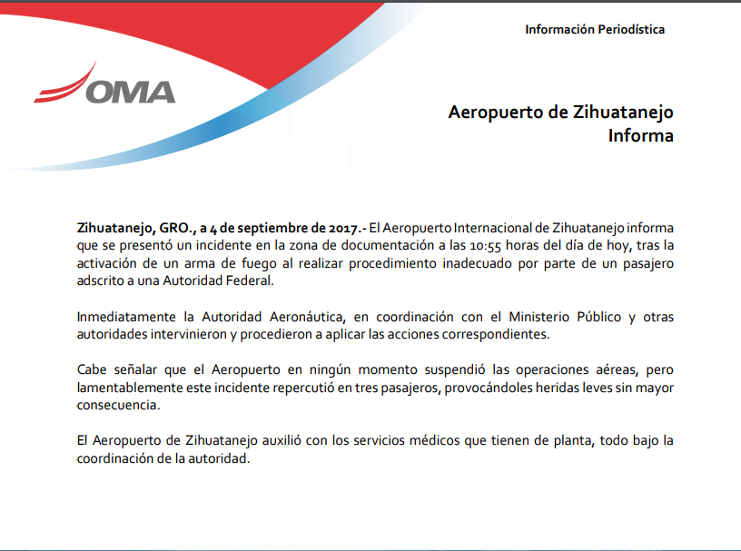 Agente dispara accidentalmente en Aeropuerto de Zihuatanejo - Informe-Aeropuerto-de-Zihuatanejo-Grupo-OMA