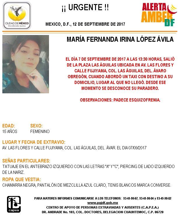Continúa desaparecida adolescente que abordó taxi en Álvaro Obregón - alerta-amber-maria-fernanda-1
