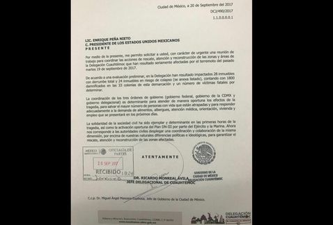 Delegado de Cuauhtémoc pide reunión “urgente”con EPN - carta-ricardo_monreal-reunion-enrique_pena_nieto-sismo-cuauhtemoc-milenio_MILIMA20170921_0143_8