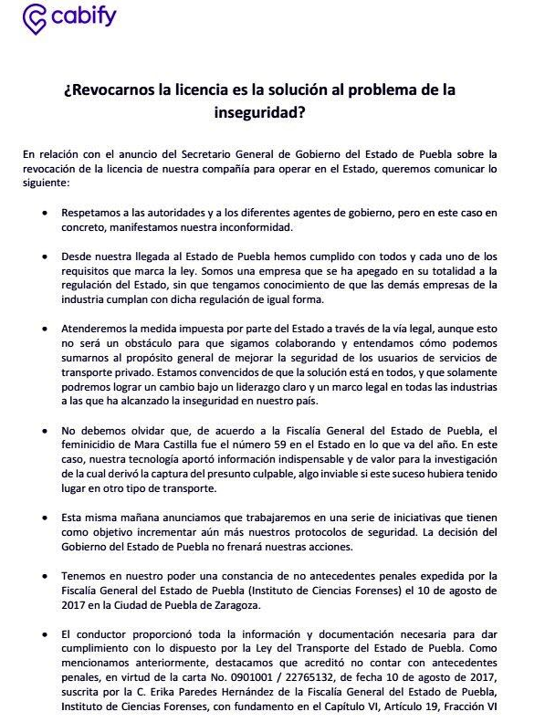 Cabify exige seguir operando en Puebla - comunicado-cabify