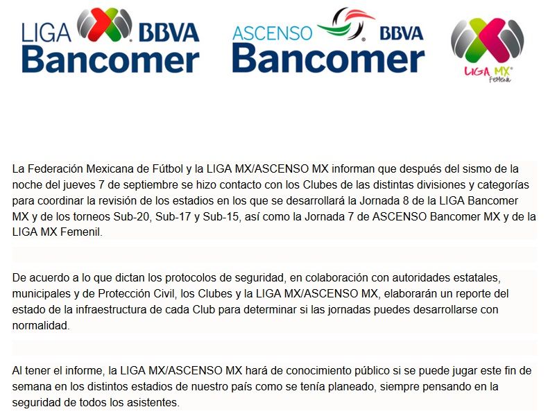 Revisarán estadios de Liga MX tras sismo - comunicado-liga-mx