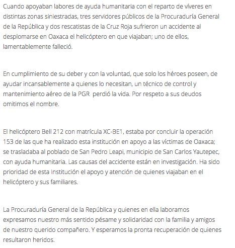 Caída de helicóptero que transportaba víveres a Oaxaca deja un muerto - comunicado