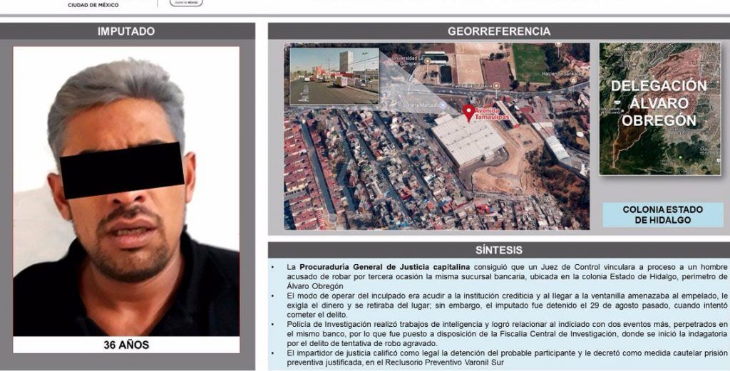 Detienen a asaltante tras intentar robar el mismo banco por tercera vez - ladron-banco-alvaro-obregon-1024x521