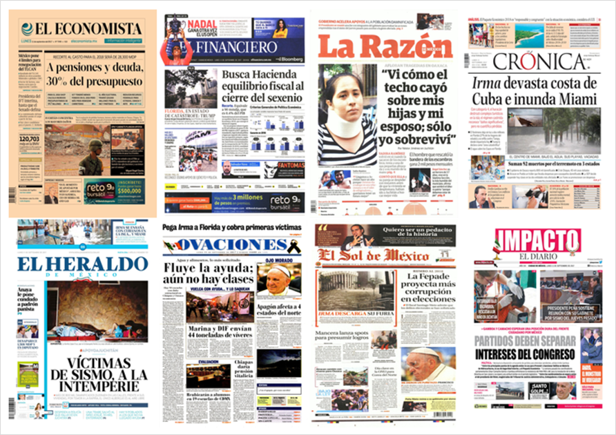 Sismo y huracán Irma en primeras planas del lunes - portadas-11-sept