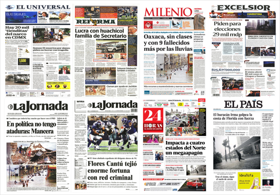 Sismo y huracán Irma en primeras planas del lunes