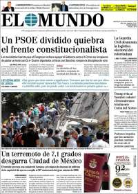 Sismo en México acapara las primeras planas - portadas-20-sept-el-mundo