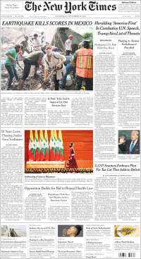 Sismo en México acapara las primeras planas - portadas-20-sept-nyt