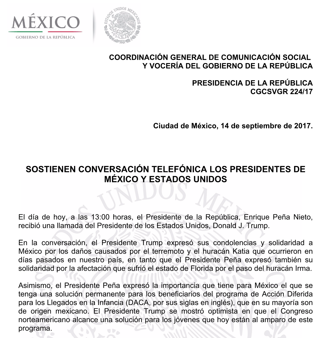 EPN pide a Trump solución permanente a beneficiarios de DACA - presidencia
